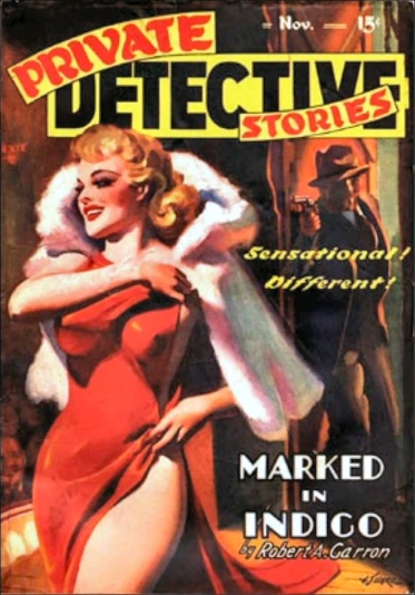 a magazine cover for private detectives with a lady in red