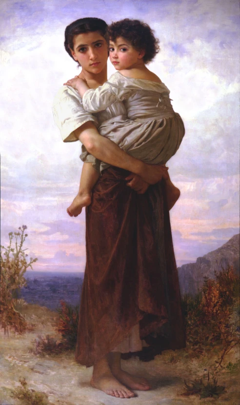 a painting of a man holding a woman on a beach