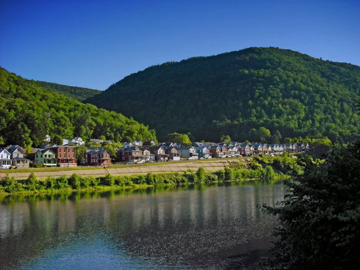 some houses and trees in front of a lake