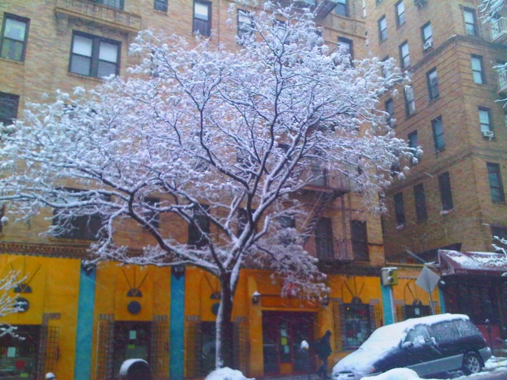 the city street is lined with colorful buildings and snow