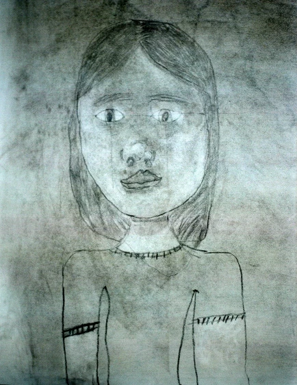 a child's drawing of a woman looking at soing