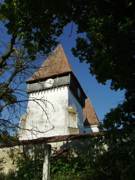 a building is seen through some trees under a blue sky