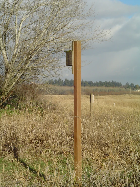 the wood post has been painted brown and is in the middle of an empty field