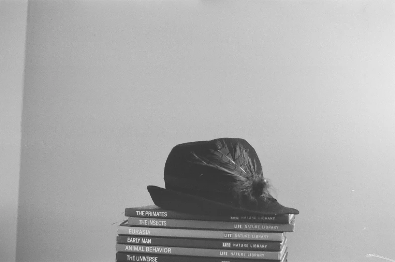 black and white po of the head on top of several books