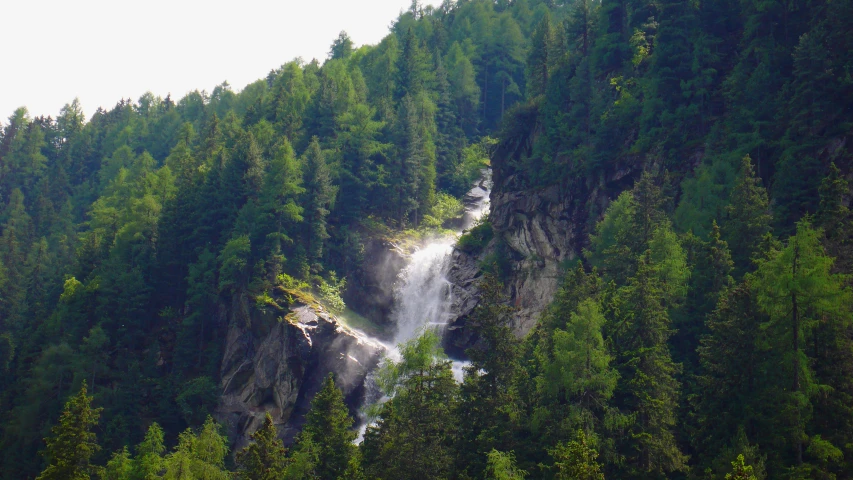 some trees and water a small waterfall