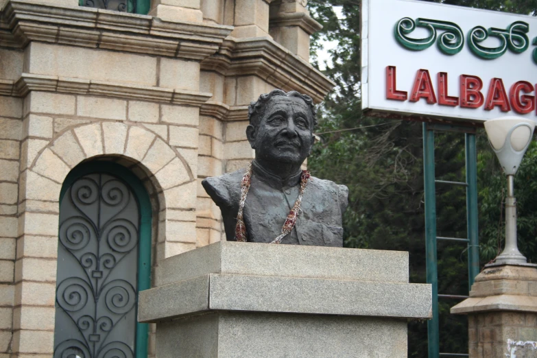 a statue of a man standing in front of a sign