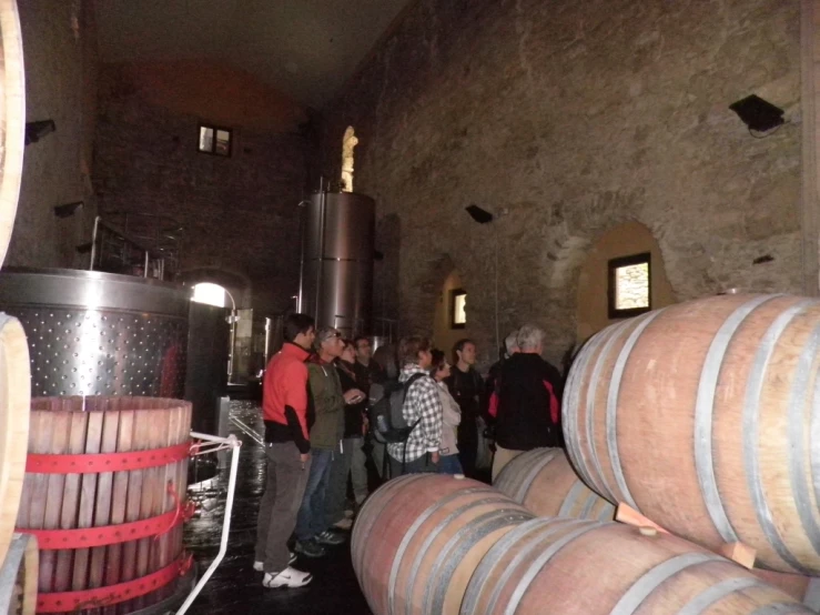 a group of people standing in a wine cellar