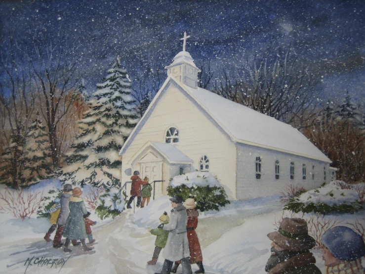 a group of people are outside a church in the snow