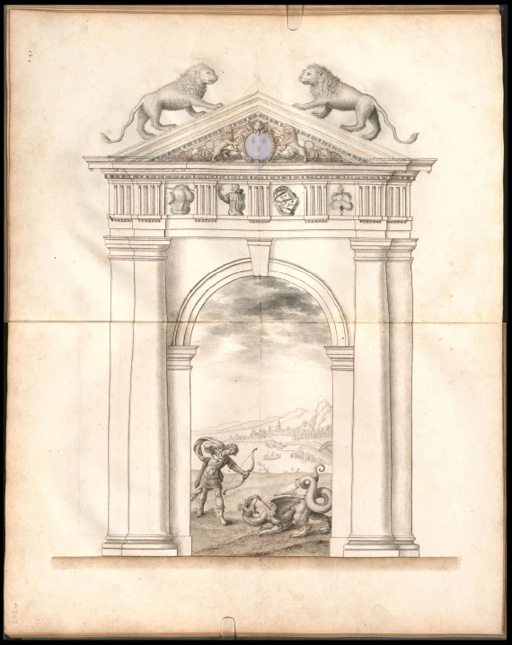 this is an image of a drawing of an arch with lions