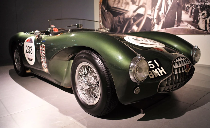 a car is shown in a display room