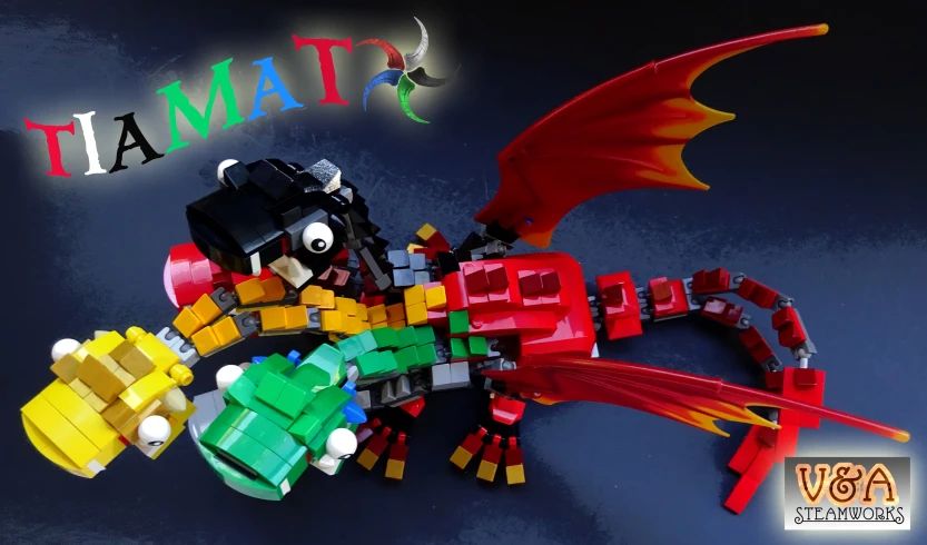 a lego dragon holding some little bricks