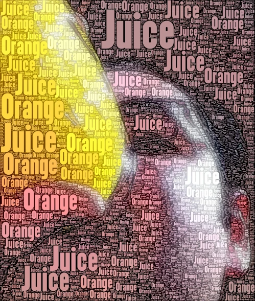 an abstract painting that depicts juice, and an orange
