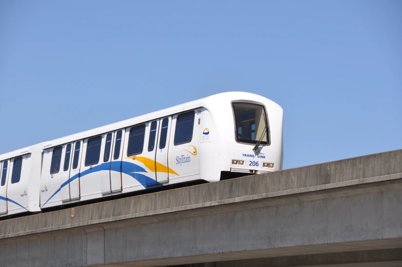 the passenger train has its doors closed on a high rail