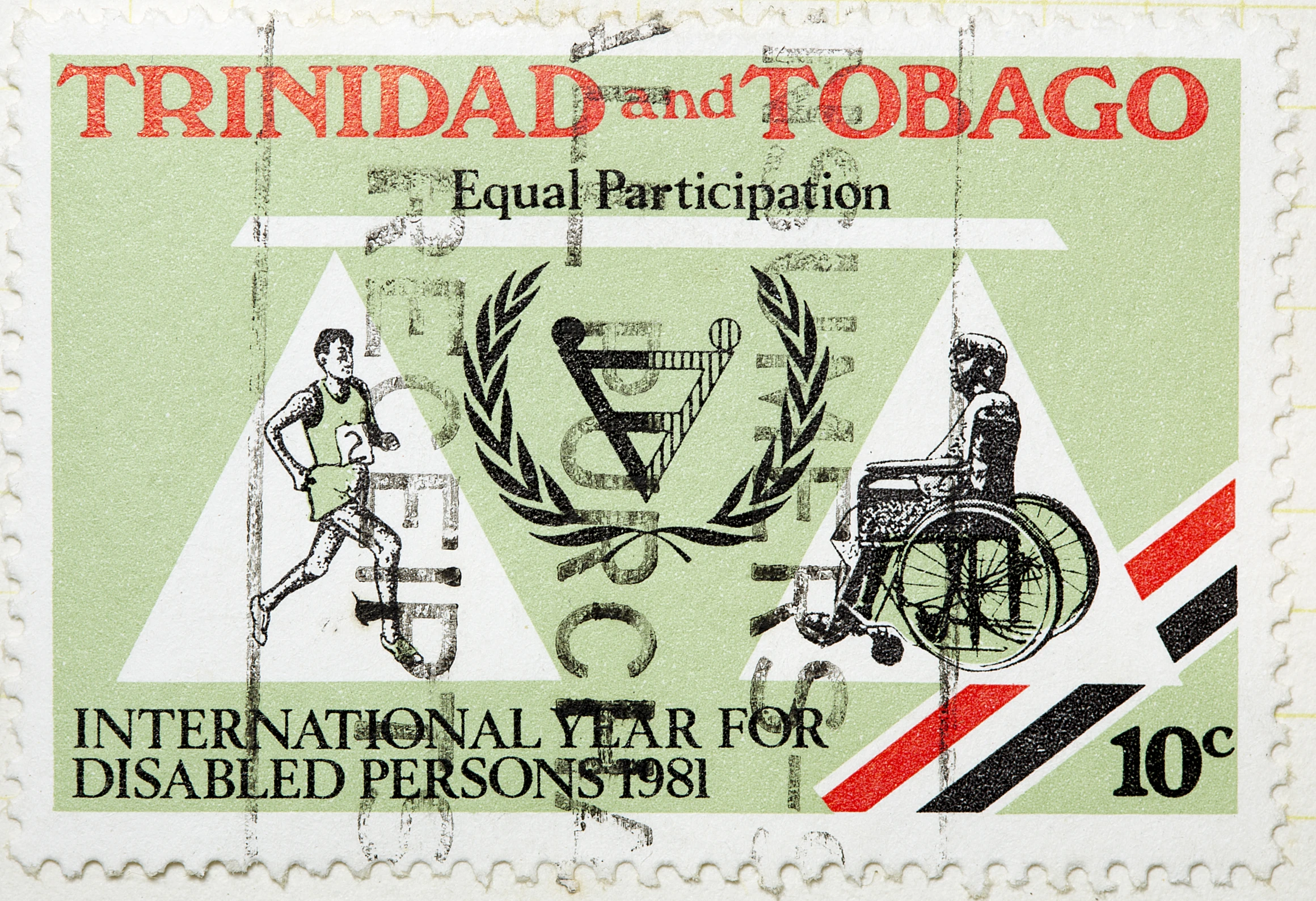 an postage stamp has an image of a bicycle rider, a man in a wheel chair and an advertit to the legal institution for disabled persons