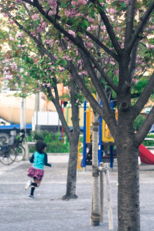 a child walking along the side of trees in a playground