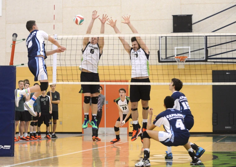 a group of men are playing volleyball on a court