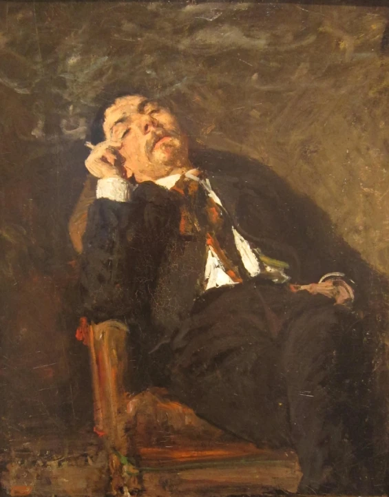 a painting of a man smoking a cigarette