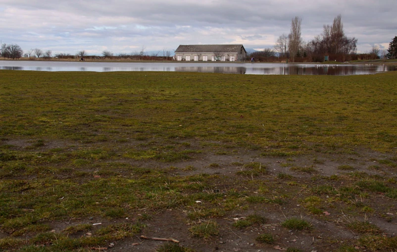 grass covered field by lake with a large house