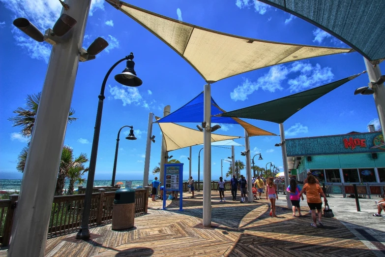 lots of shade sail around the boardwalk at the beach