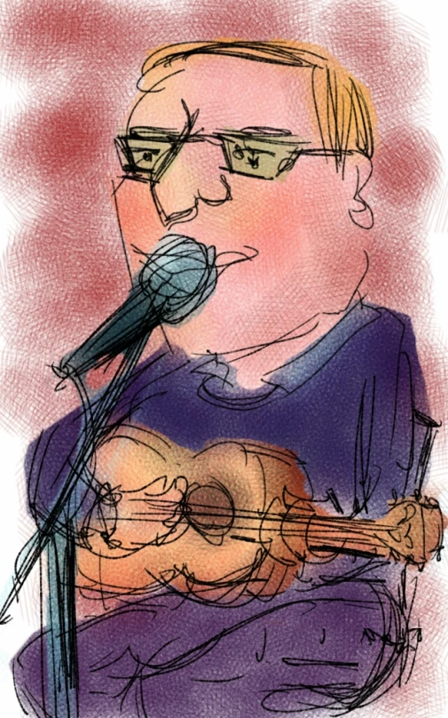 a drawing of a person with glasses and a guitar