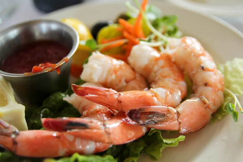 shrimp, salad and dressing on a plate with ketchup