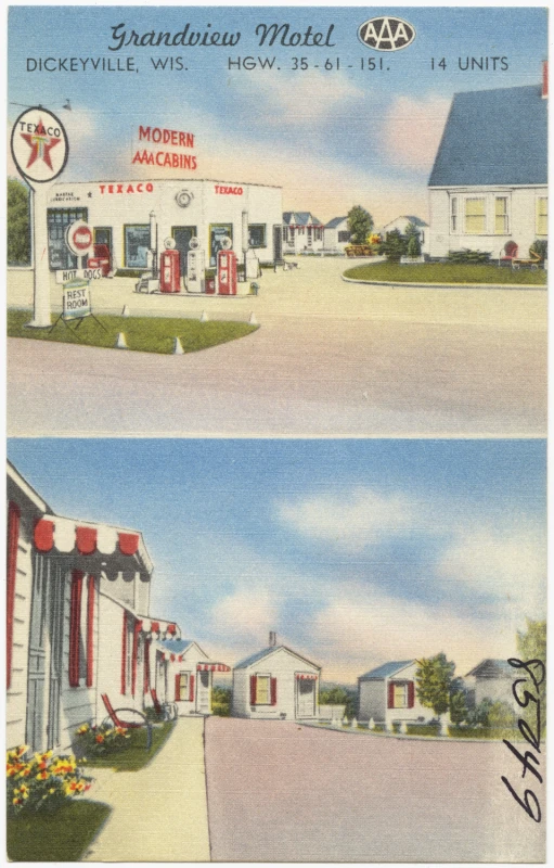 the postcard shows two images of different gas stations