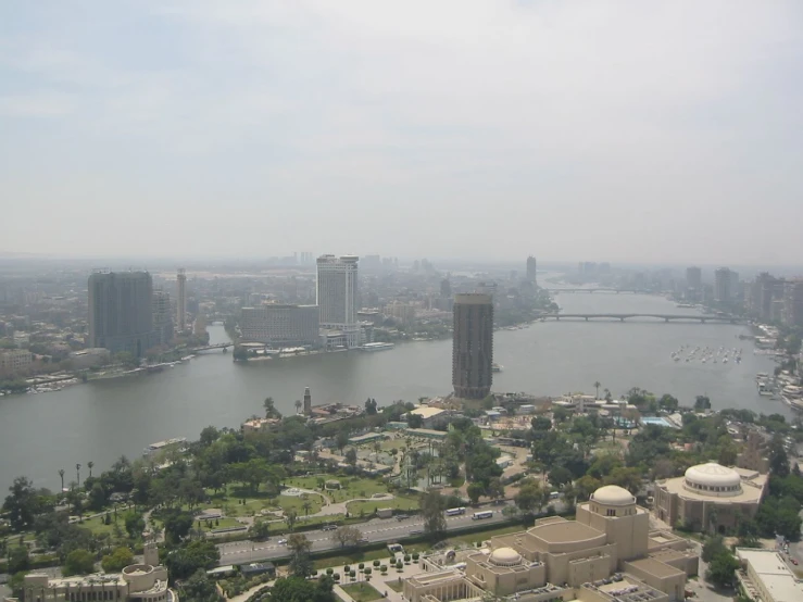 aerial view of river from high above building in foreground