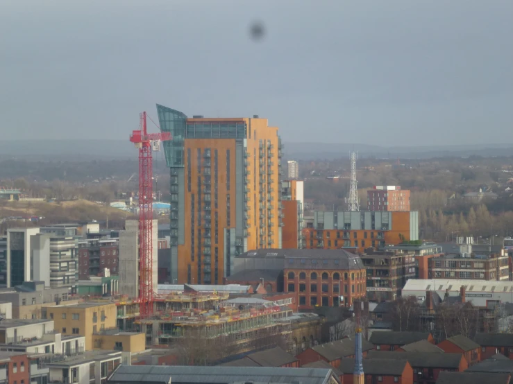 view of the city from above, with many construction