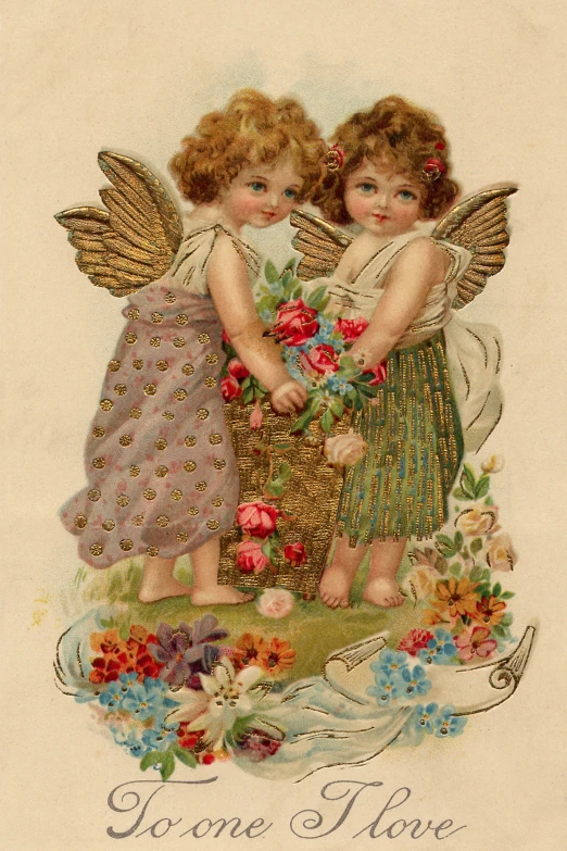 this vintage valentine postcard features two cherubs with flowers