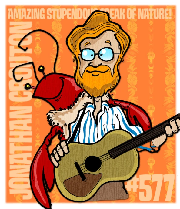 a cartoon character playing the guitar on an orange background