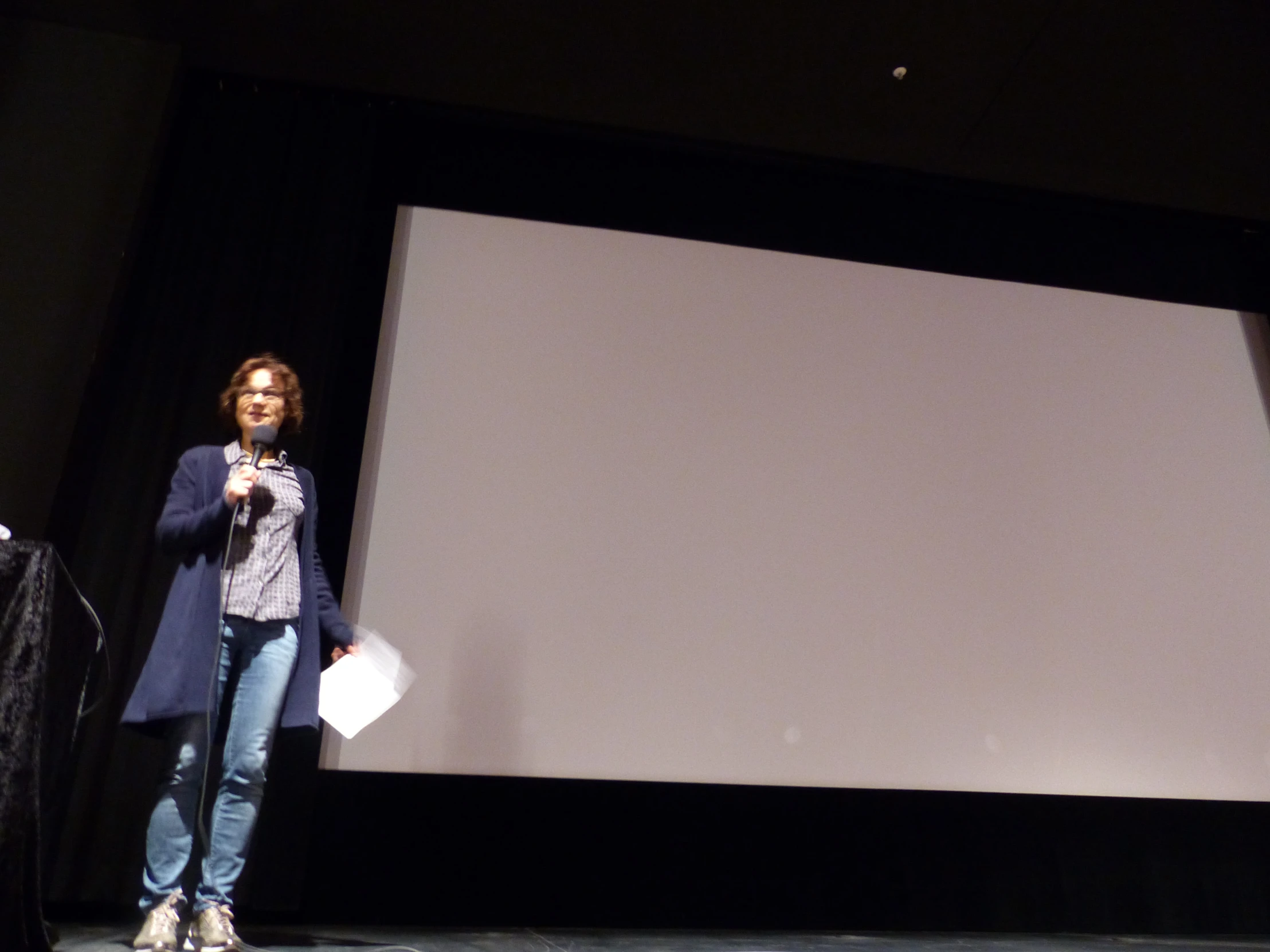 woman standing next to white screen while giving speech