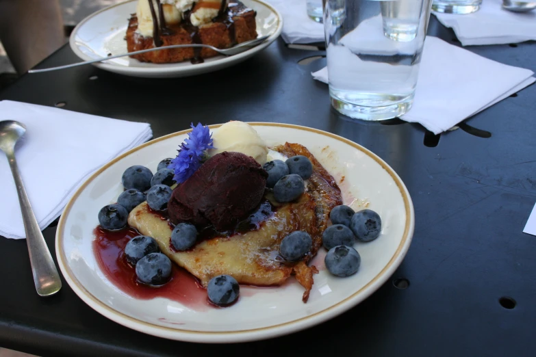 blueberry pancakes on plate with cream and syrup