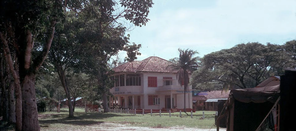 the house is located behind some trees