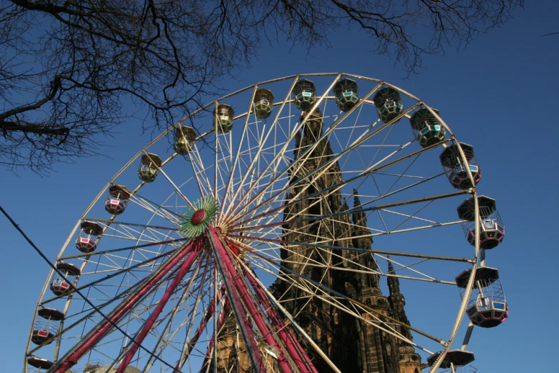 the big wheel is in front of a huge church