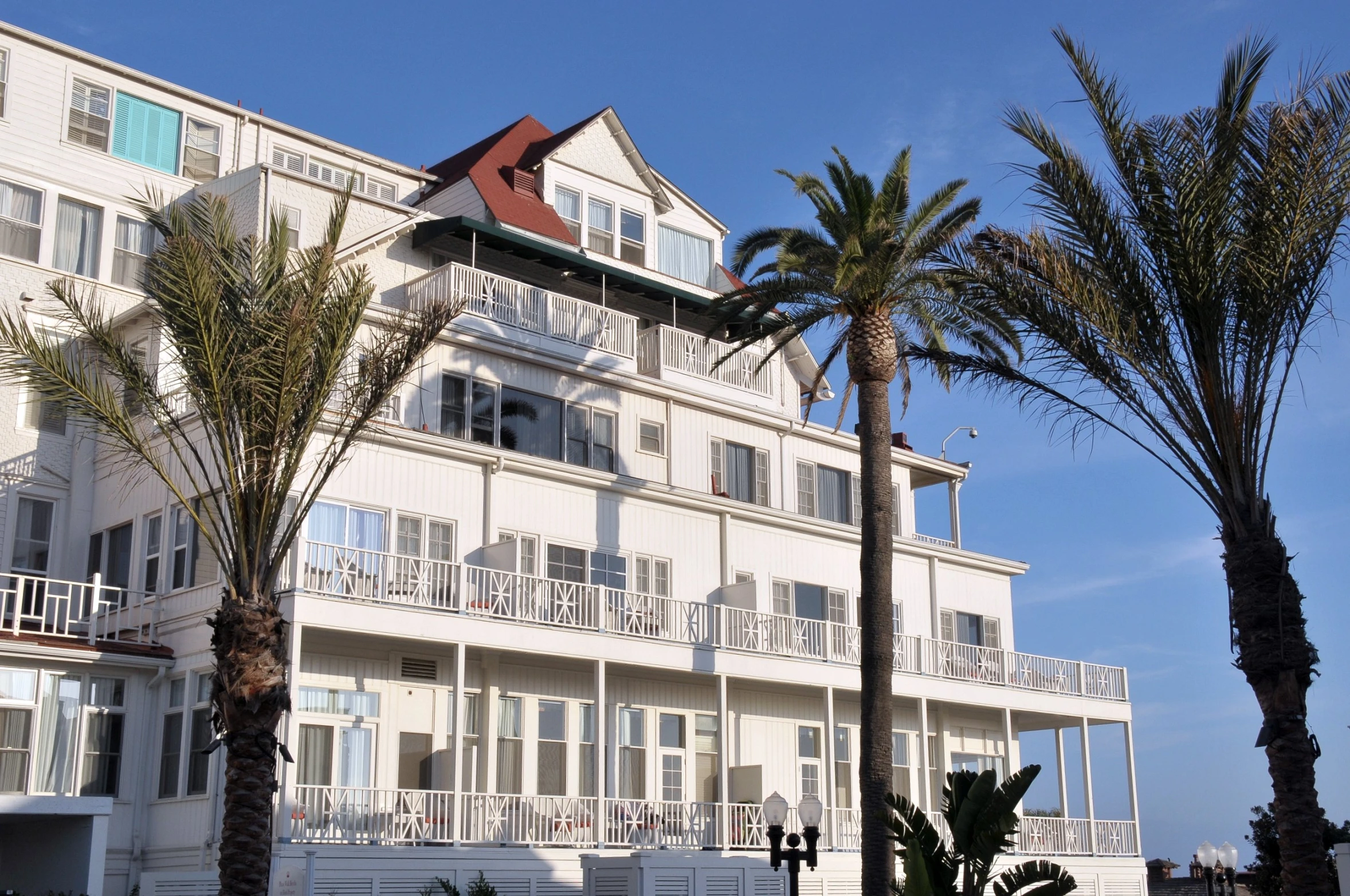 two palm trees are in front of a white building