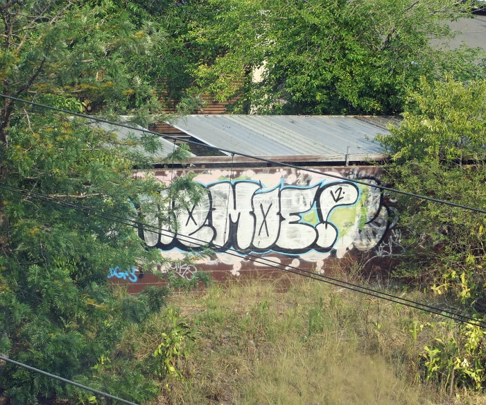 a train box covered in graffiti on the tracks
