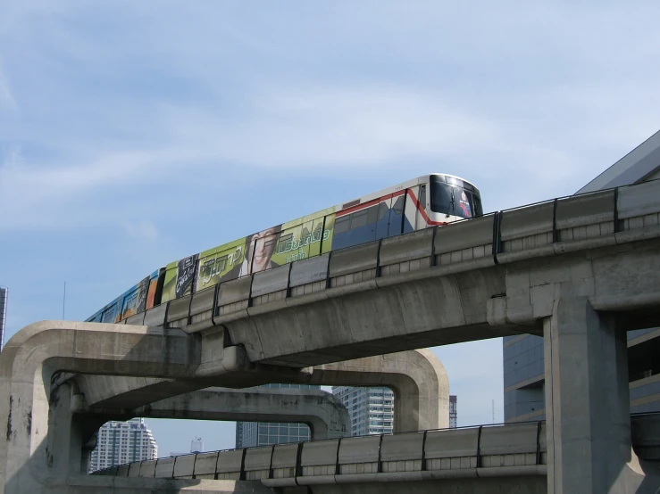 a train is traveling over a bridge under blue skies