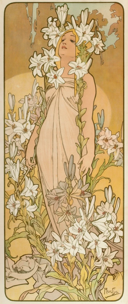 a painting of a woman in a white dress surrounded by flowers