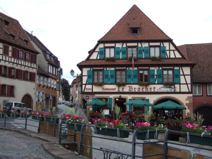 a group of buildings with flowers in front of them