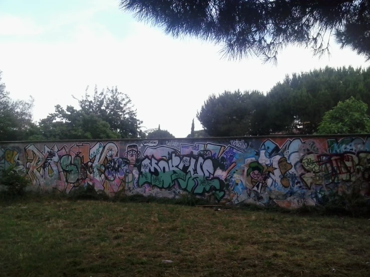 a lot of graffiti painted on a fence next to a field