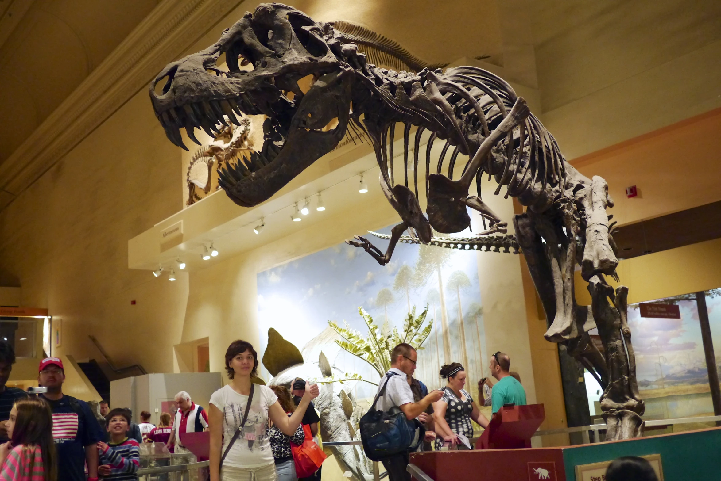 a t - rex standing next to another one in a museum