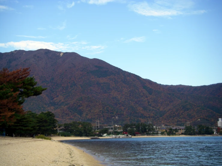 a beach near a body of water near mountains