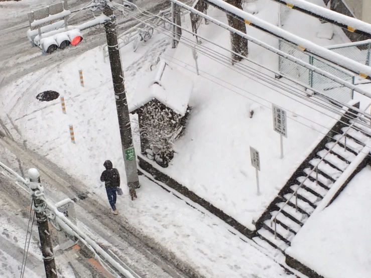 a person walking in the snow near a city street