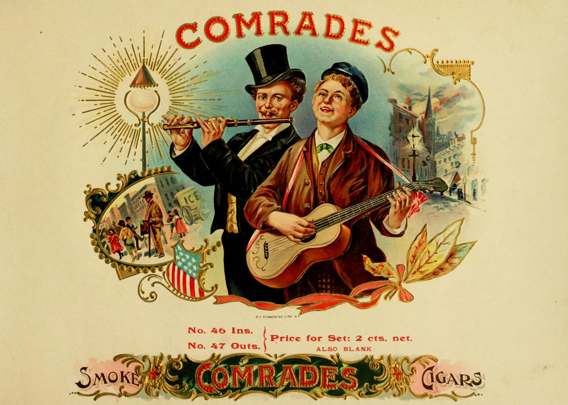 an antique poster shows two men playing guitar and violin