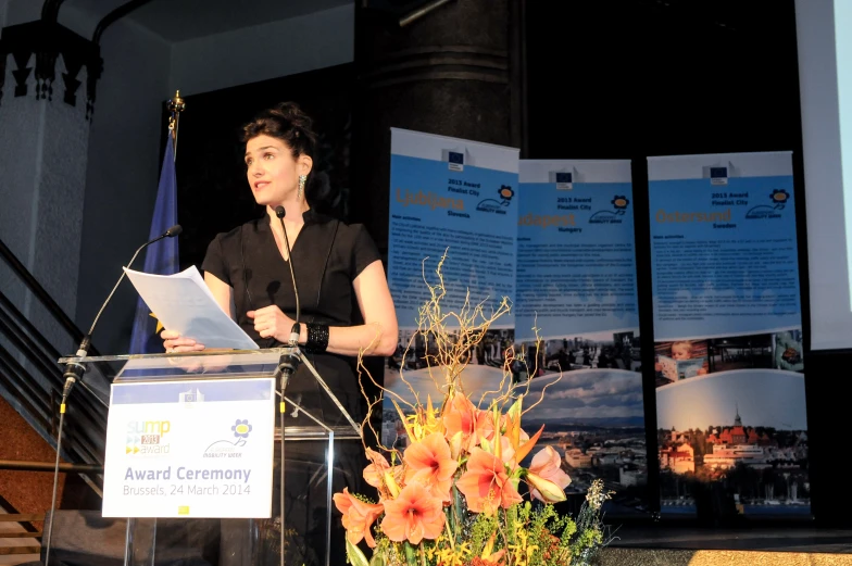 the woman standing at a podium is speaking into a microphone