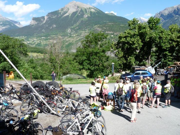 a large group of bikes parked on the side of the road