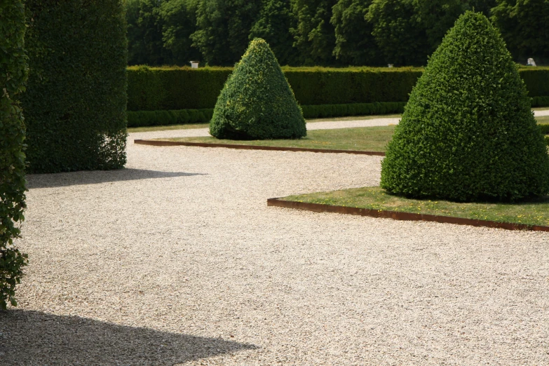 a group of hedges are arranged into an area with gravel