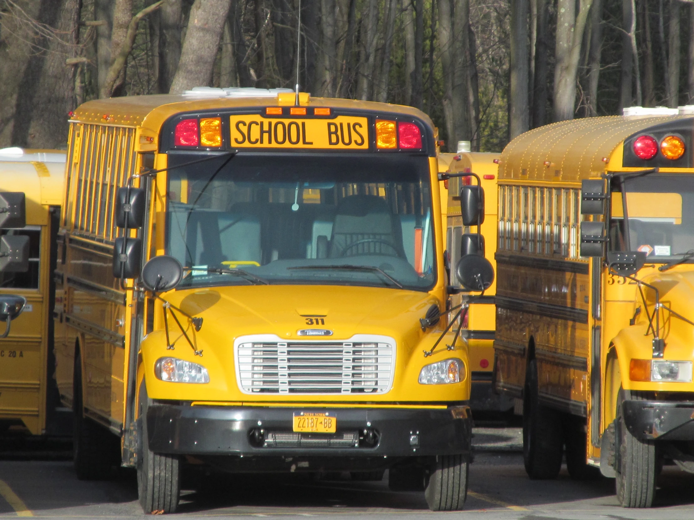 three school buses parked side by side on the road