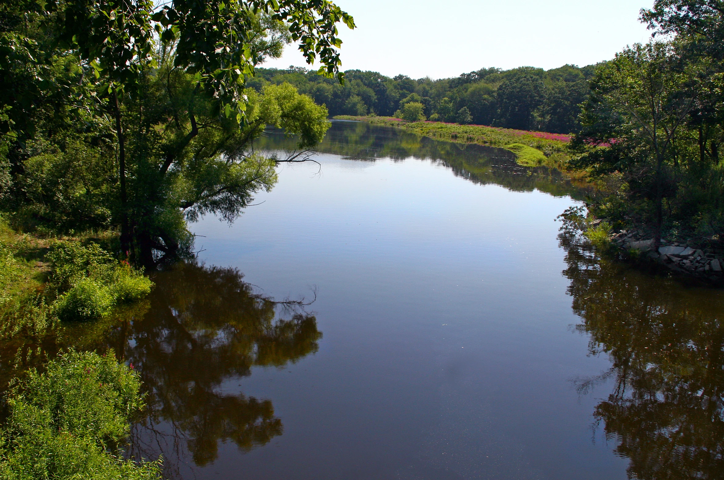 view down the river from a bridge over looking another river