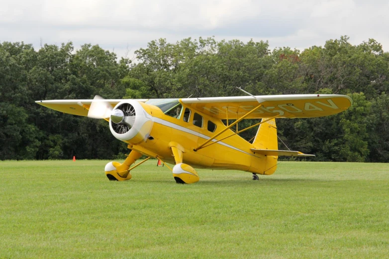 a yellow and white airplane is on the grass